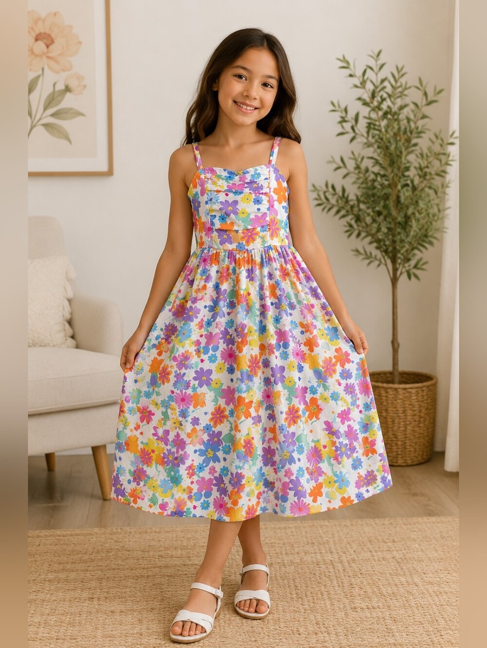 Girls Colorful Floral Sundress Size 10Y Sleeveless Midi Flare Dress